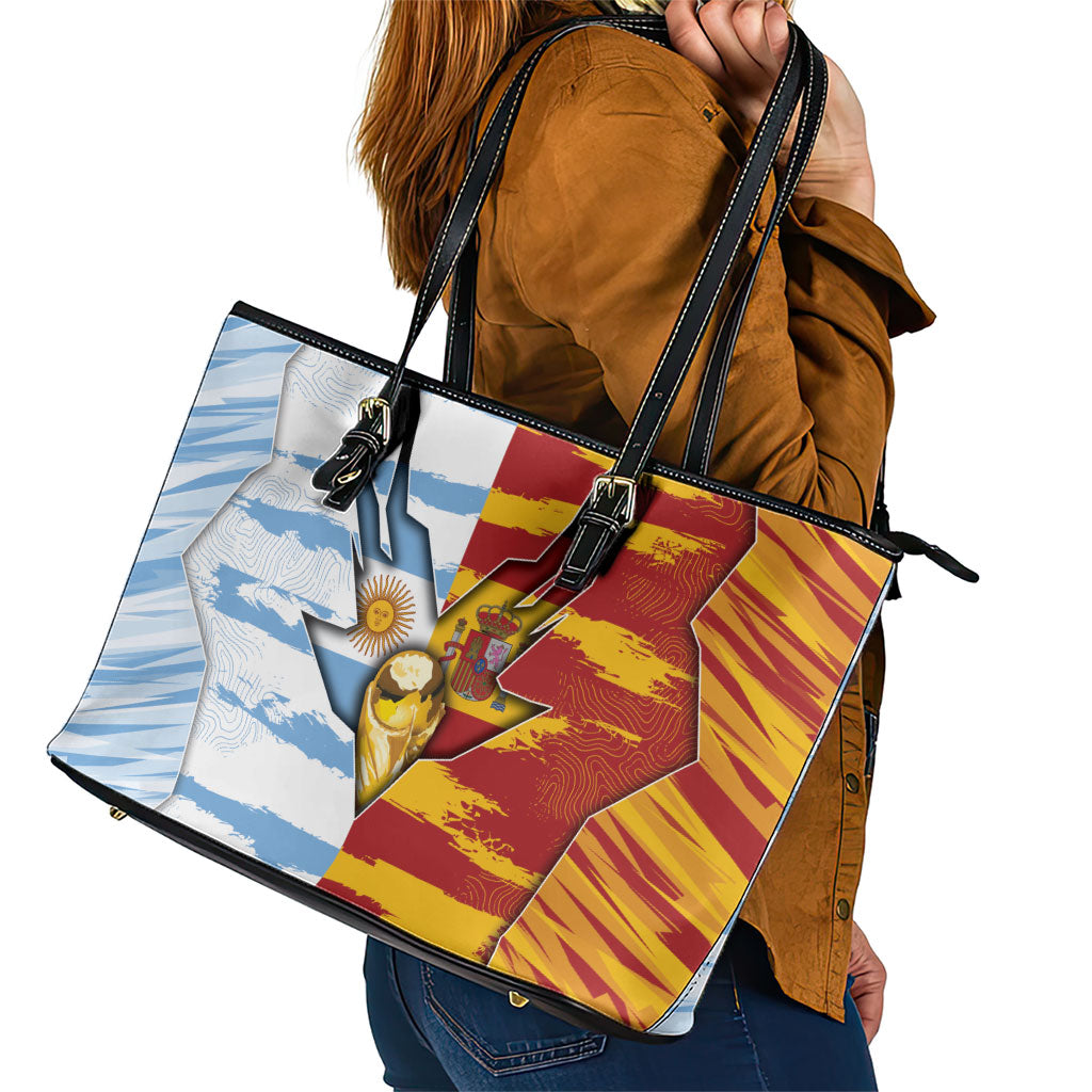 Argentina And Spain Football Leather Tote Bag Split Flag Golden Trophy Grunge