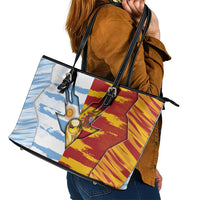 Argentina And Spain Football Leather Tote Bag Split Flag Golden Trophy Grunge