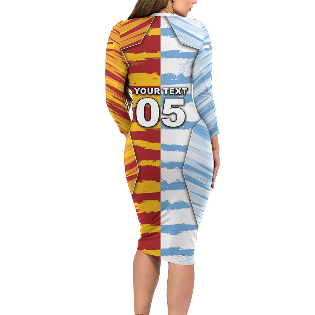 Custom Argentina And Spain Football Long Sleeve Bodycon Dress Split Flag Golden Trophy Grunge