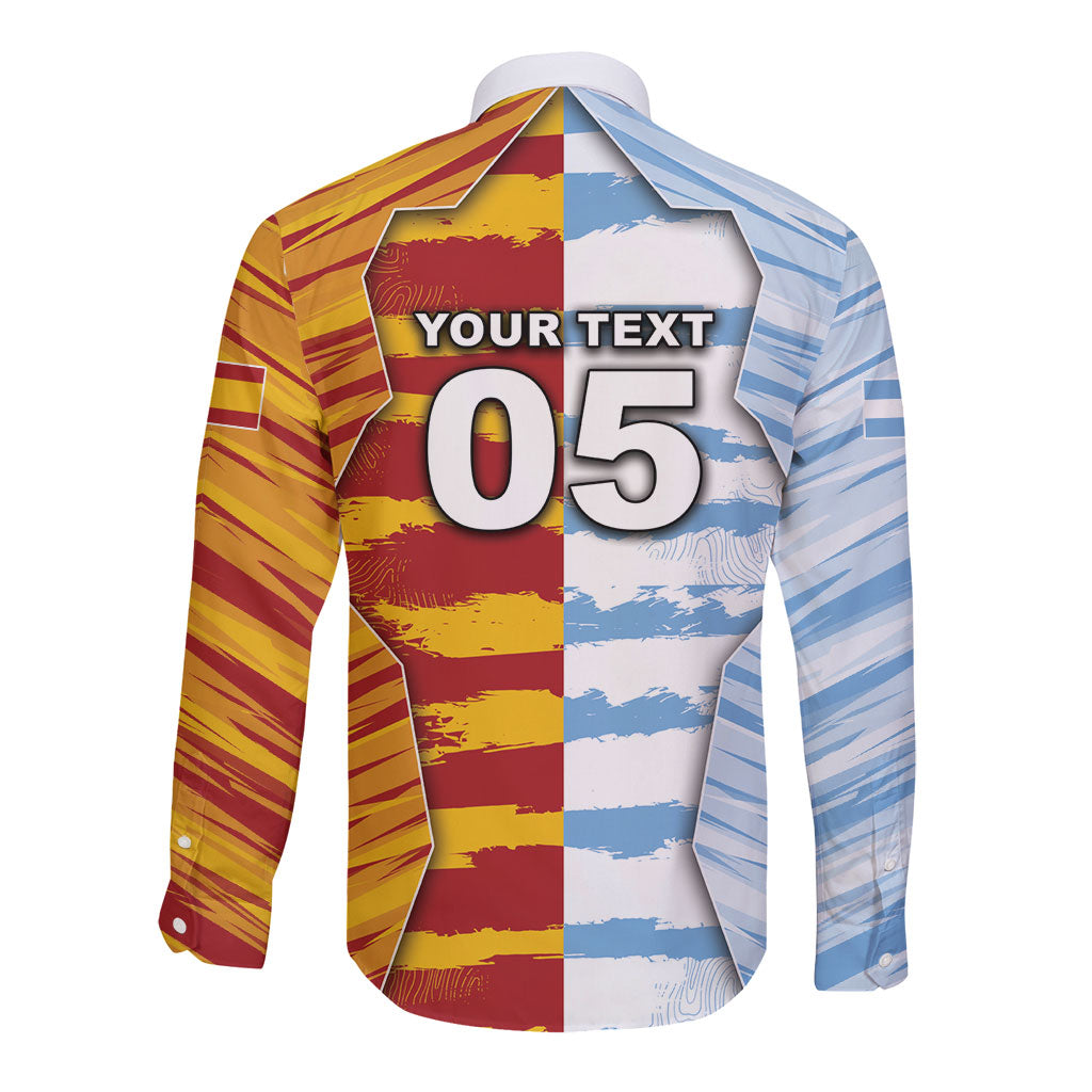 Custom Argentina And Spain Football Long Sleeve Button Shirt Split Flag Golden Trophy Grunge