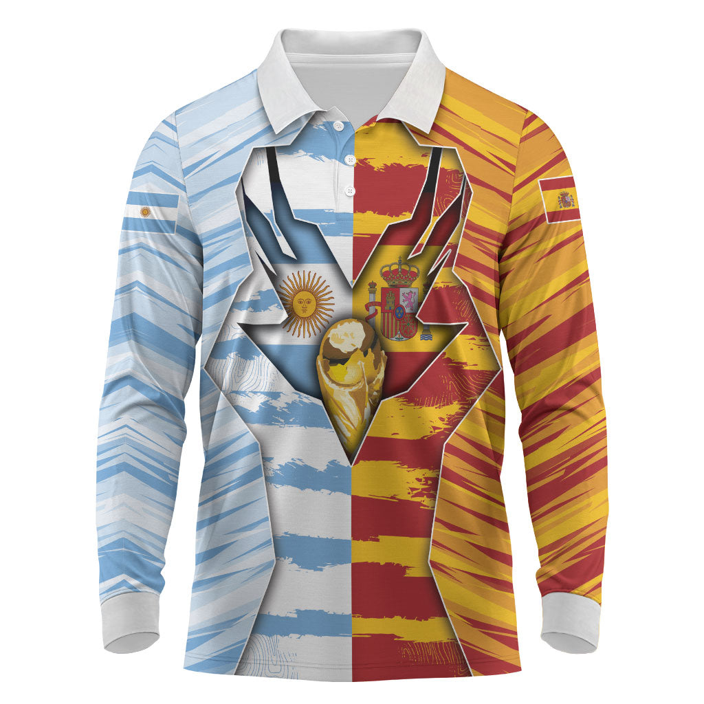 Custom Argentina And Spain Football Long Sleeve Polo Shirt Split Flag Golden Trophy Grunge