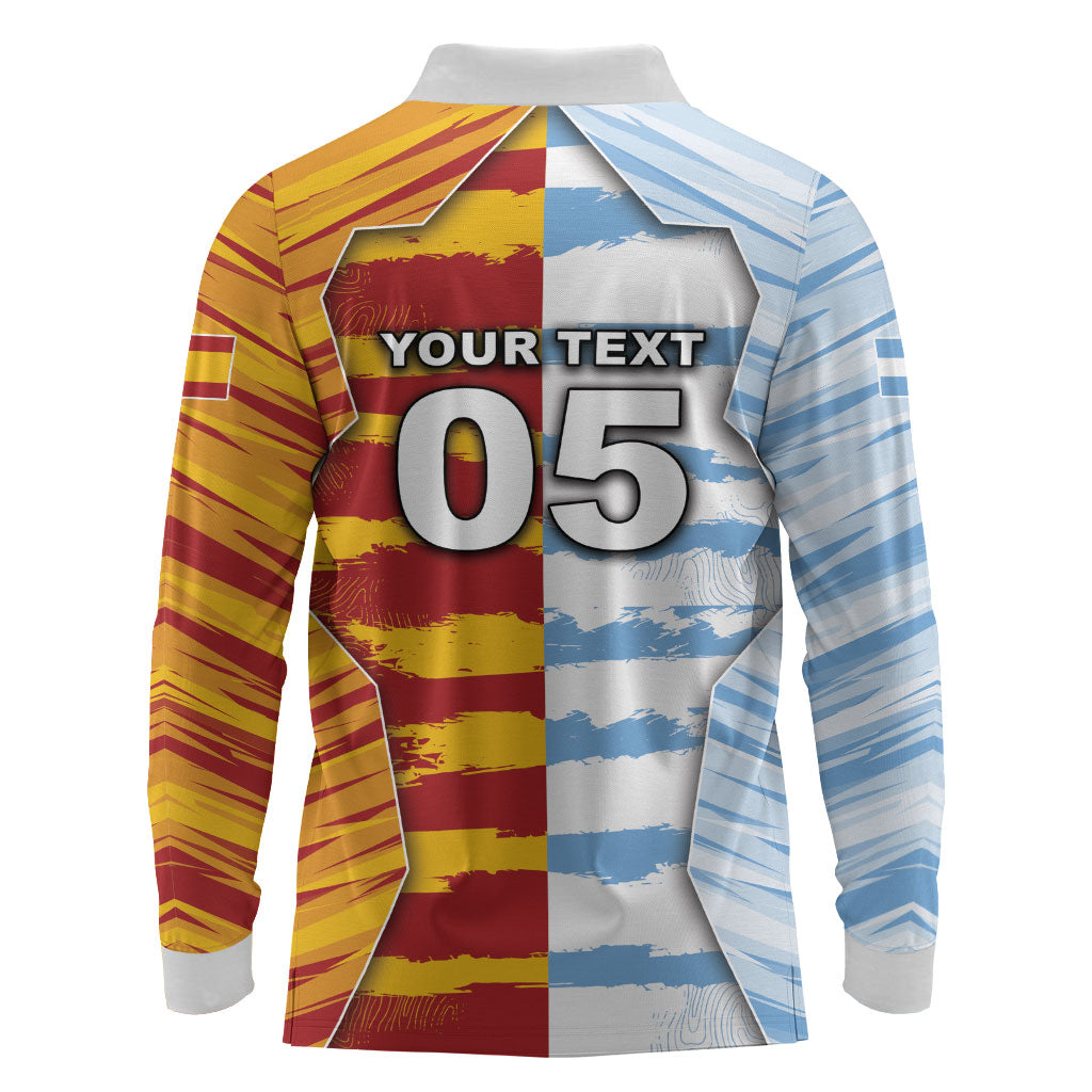 Custom Argentina And Spain Football Long Sleeve Polo Shirt Split Flag Golden Trophy Grunge