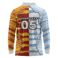 Custom Argentina And Spain Football Long Sleeve Polo Shirt Split Flag Golden Trophy Grunge