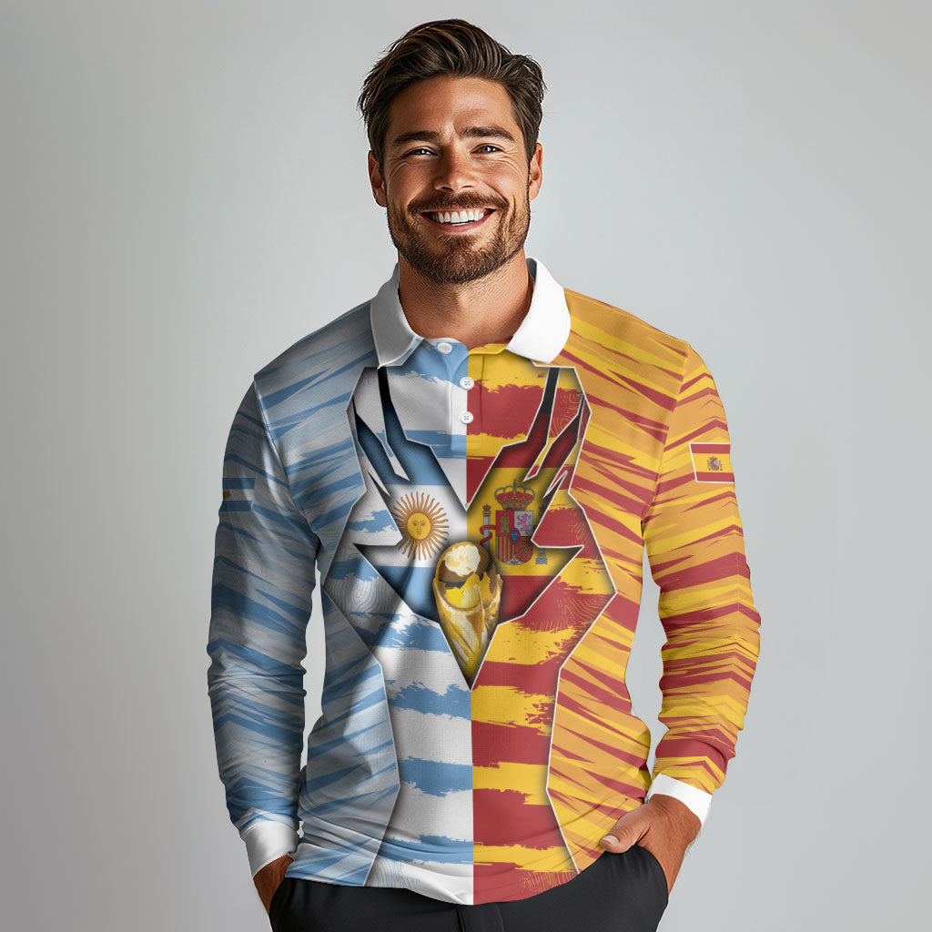 Custom Argentina And Spain Football Long Sleeve Polo Shirt Split Flag Golden Trophy Grunge
