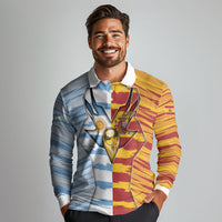 Custom Argentina And Spain Football Long Sleeve Polo Shirt Split Flag Golden Trophy Grunge