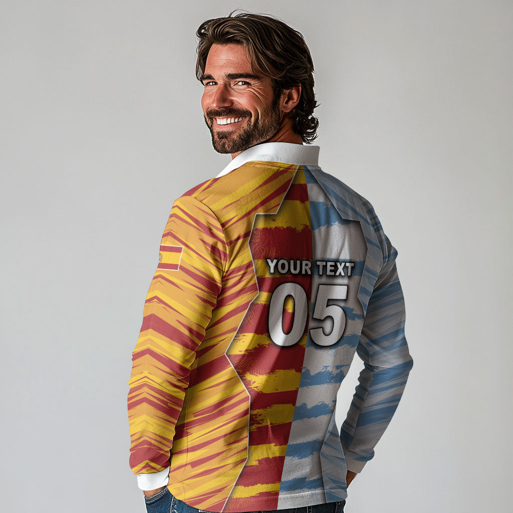 Custom Argentina And Spain Football Long Sleeve Polo Shirt Split Flag Golden Trophy Grunge