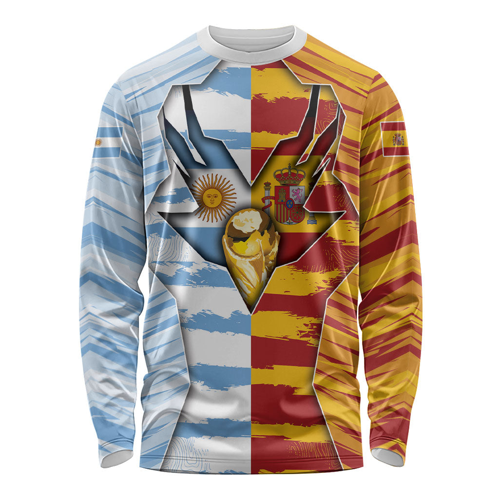 Custom Argentina And Spain Football Long Sleeve Shirt Split Flag Golden Trophy Grunge