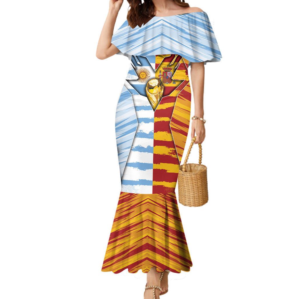 Custom Argentina And Spain Football Mermaid Dress Split Flag Golden Trophy Grunge