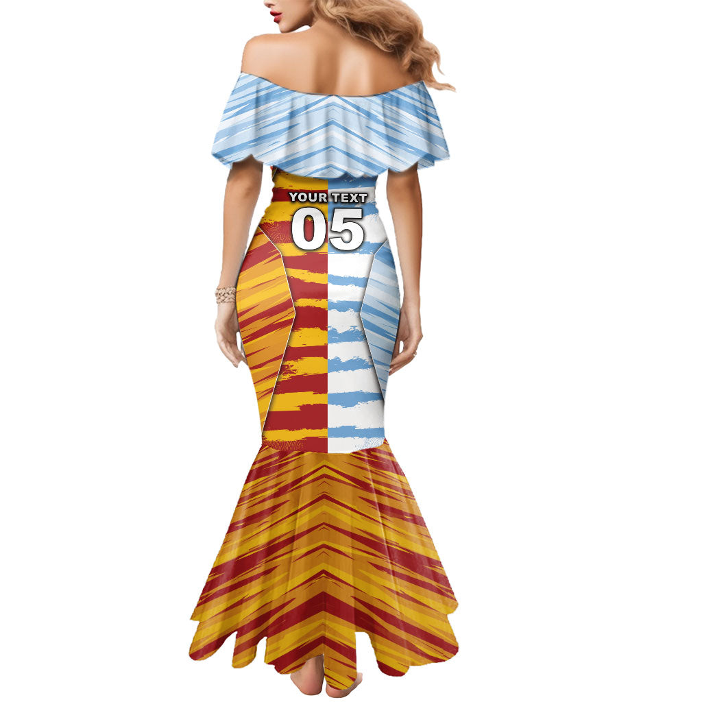 Custom Argentina And Spain Football Mermaid Dress Split Flag Golden Trophy Grunge