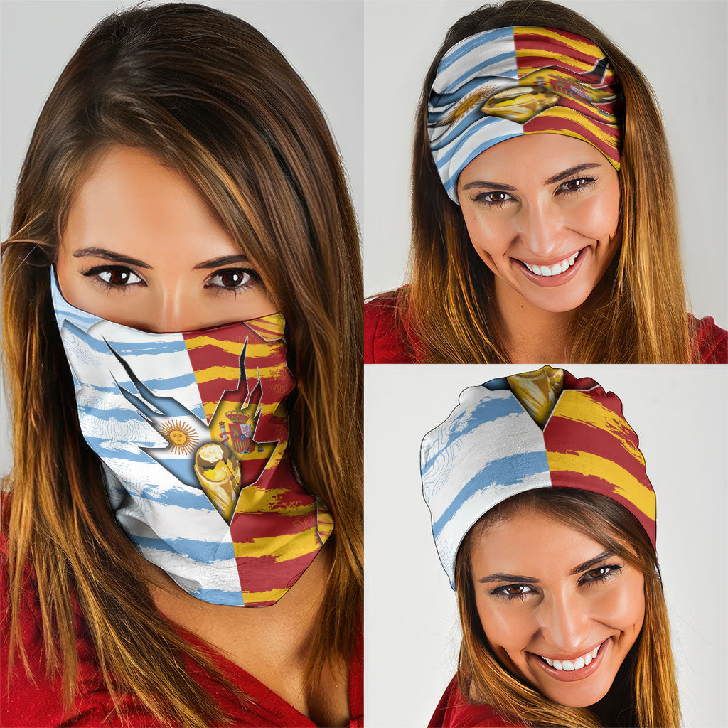 Argentina And Spain Football Neck Gaiter Split Flag Golden Trophy Grunge