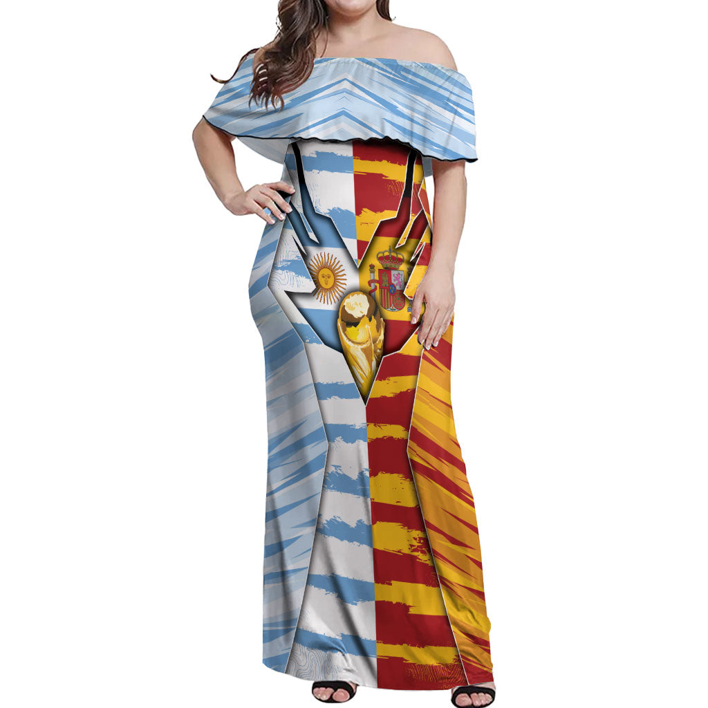 Custom Argentina And Spain Football Off Shoulder Maxi Dress Split Flag Golden Trophy Grunge