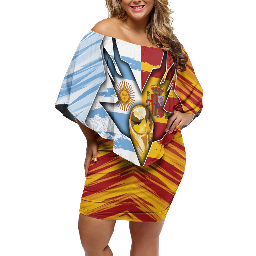 Custom Argentina And Spain Football Off Shoulder Short Dress Split Flag Golden Trophy Grunge