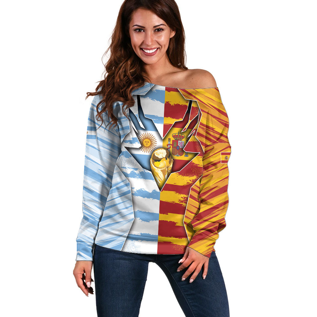 Custom Argentina And Spain Football Off Shoulder Sweater Split Flag Golden Trophy Grunge