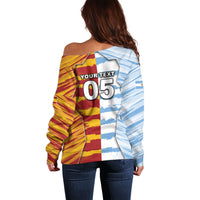 Custom Argentina And Spain Football Off Shoulder Sweater Split Flag Golden Trophy Grunge