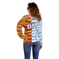 Custom Argentina And Spain Football Off Shoulder Sweater Split Flag Golden Trophy Grunge