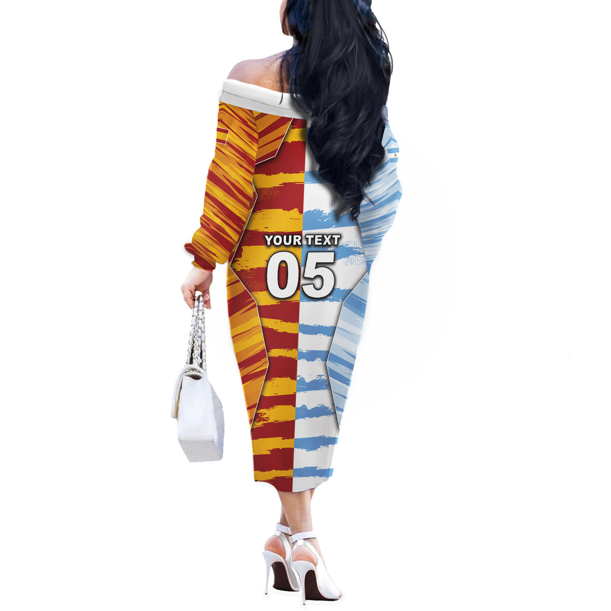 Custom Argentina And Spain Football Off The Shoulder Long Sleeve Dress Split Flag Golden Trophy Grunge