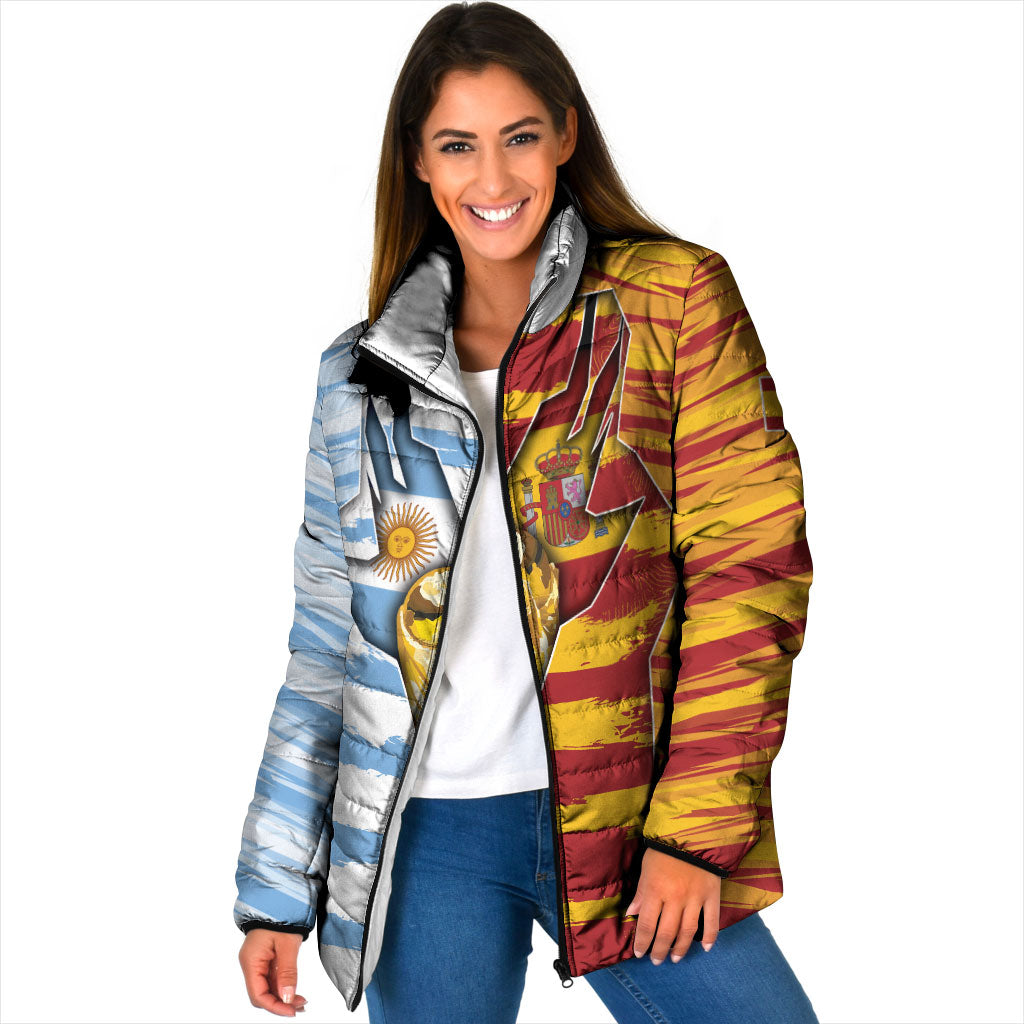 Custom Argentina And Spain Football Padded Jacket Split Flag Golden Trophy Grunge