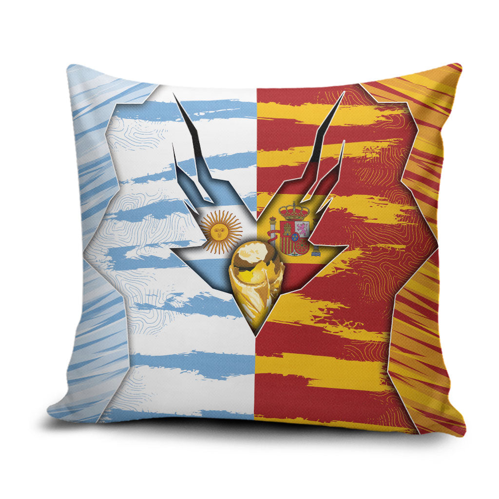 Argentina And Spain Football Pillow Cover Split Flag Golden Trophy Grunge