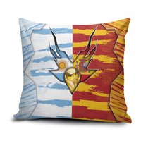 Argentina And Spain Football Pillow Cover Split Flag Golden Trophy Grunge