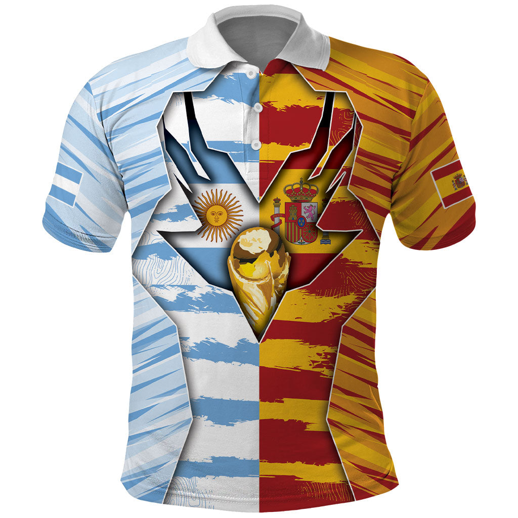 Custom Argentina And Spain Football Polo Shirt Split Flag Golden Trophy Grunge