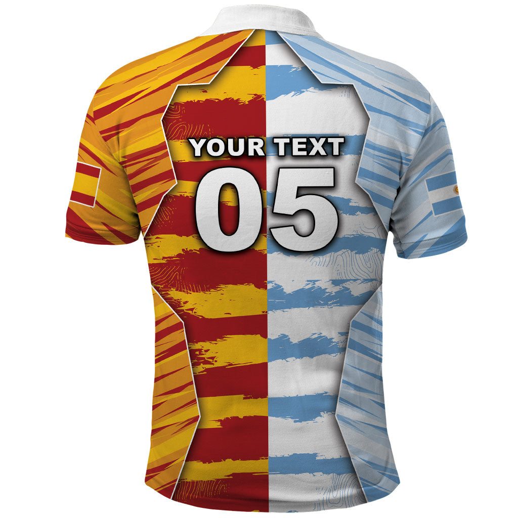 Custom Argentina And Spain Football Polo Shirt Split Flag Golden Trophy Grunge