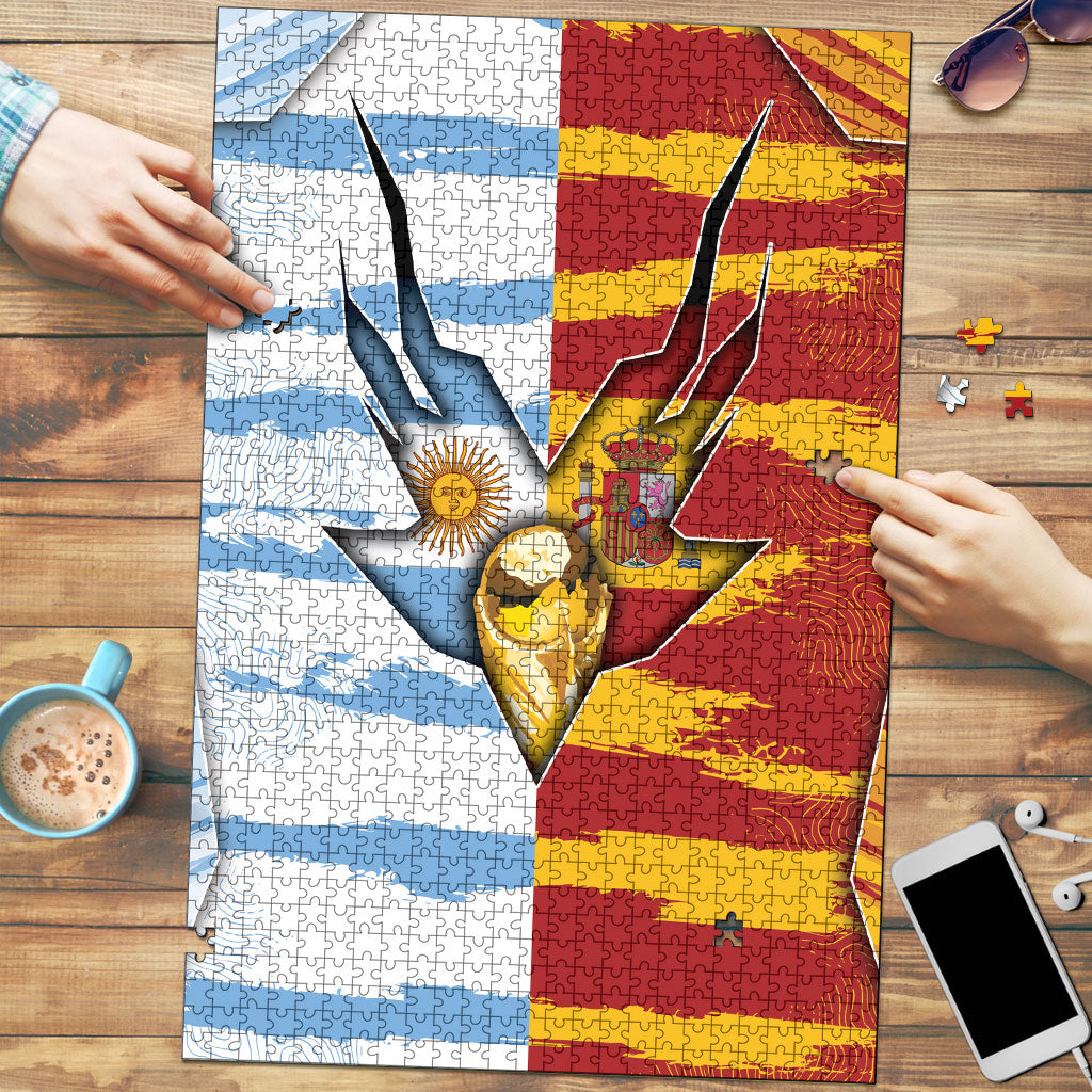 Argentina And Spain Football Puzzle Split Flag Golden Trophy Grunge