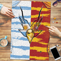 Argentina And Spain Football Puzzle Split Flag Golden Trophy Grunge