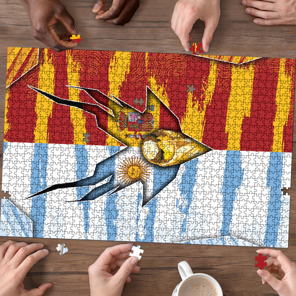 Argentina And Spain Football Puzzle Split Flag Golden Trophy Grunge