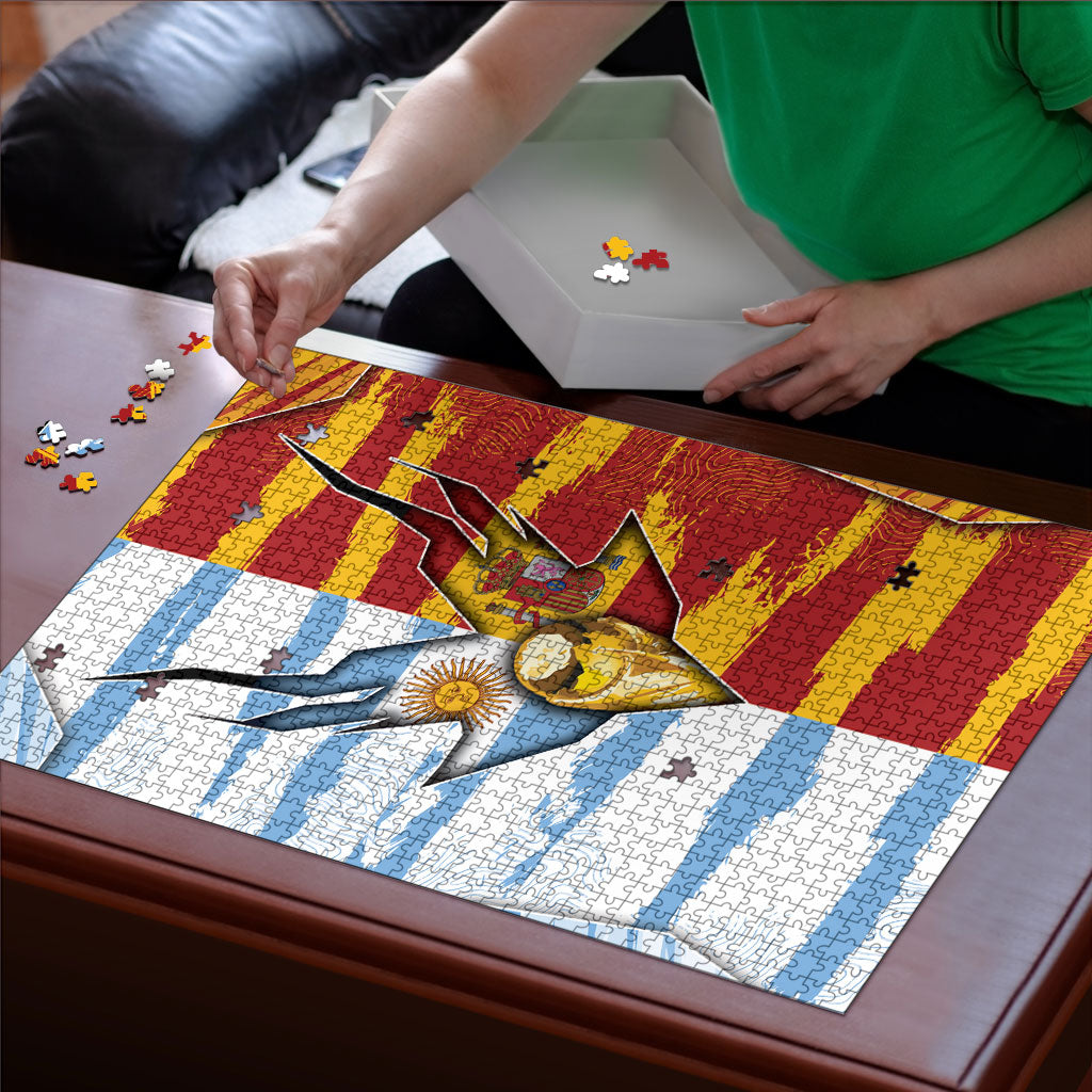 Argentina And Spain Football Puzzle Split Flag Golden Trophy Grunge