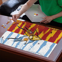 Argentina And Spain Football Puzzle Split Flag Golden Trophy Grunge