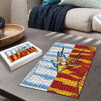 Argentina And Spain Football Puzzle Split Flag Golden Trophy Grunge