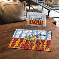 Argentina And Spain Football Puzzle Split Flag Golden Trophy Grunge