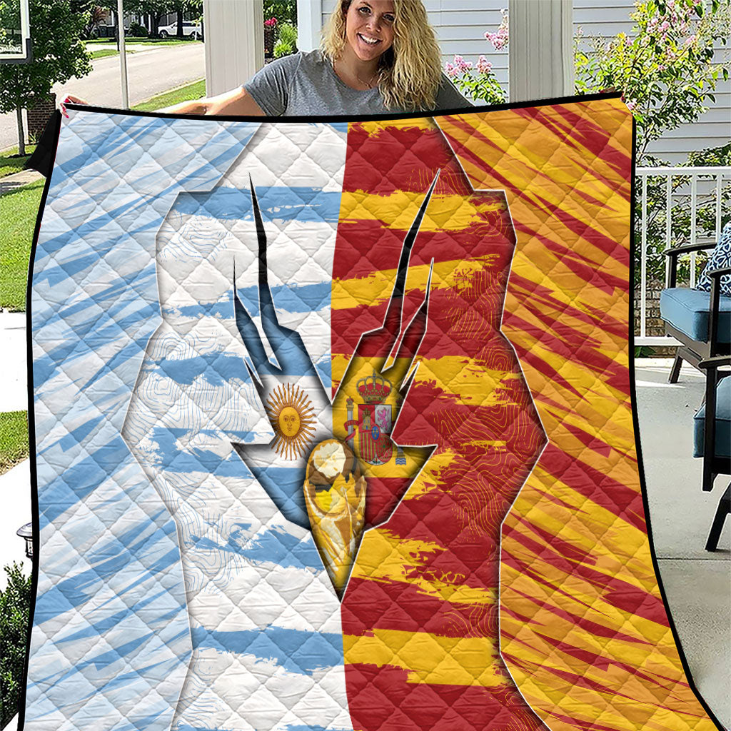 Argentina And Spain Football Quilt Split Flag Golden Trophy Grunge
