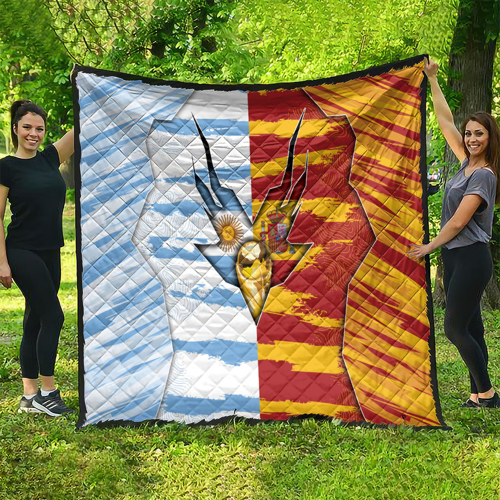 Argentina And Spain Football Quilt Split Flag Golden Trophy Grunge