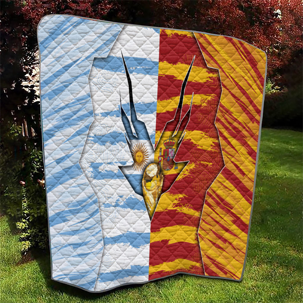 Argentina And Spain Football Quilt Split Flag Golden Trophy Grunge
