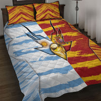 Argentina And Spain Football Quilt Bed Set Split Flag Golden Trophy Grunge
