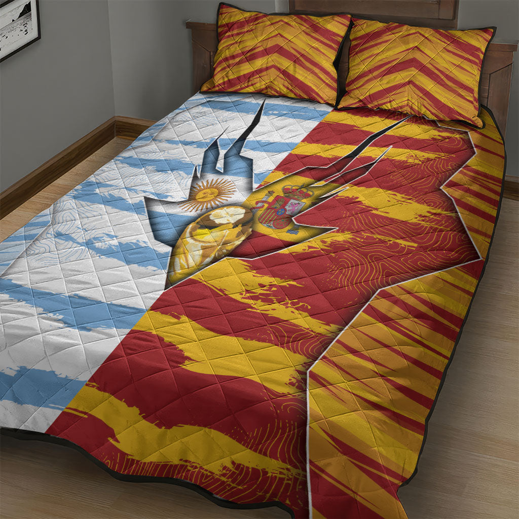 Argentina And Spain Football Quilt Bed Set Split Flag Golden Trophy Grunge