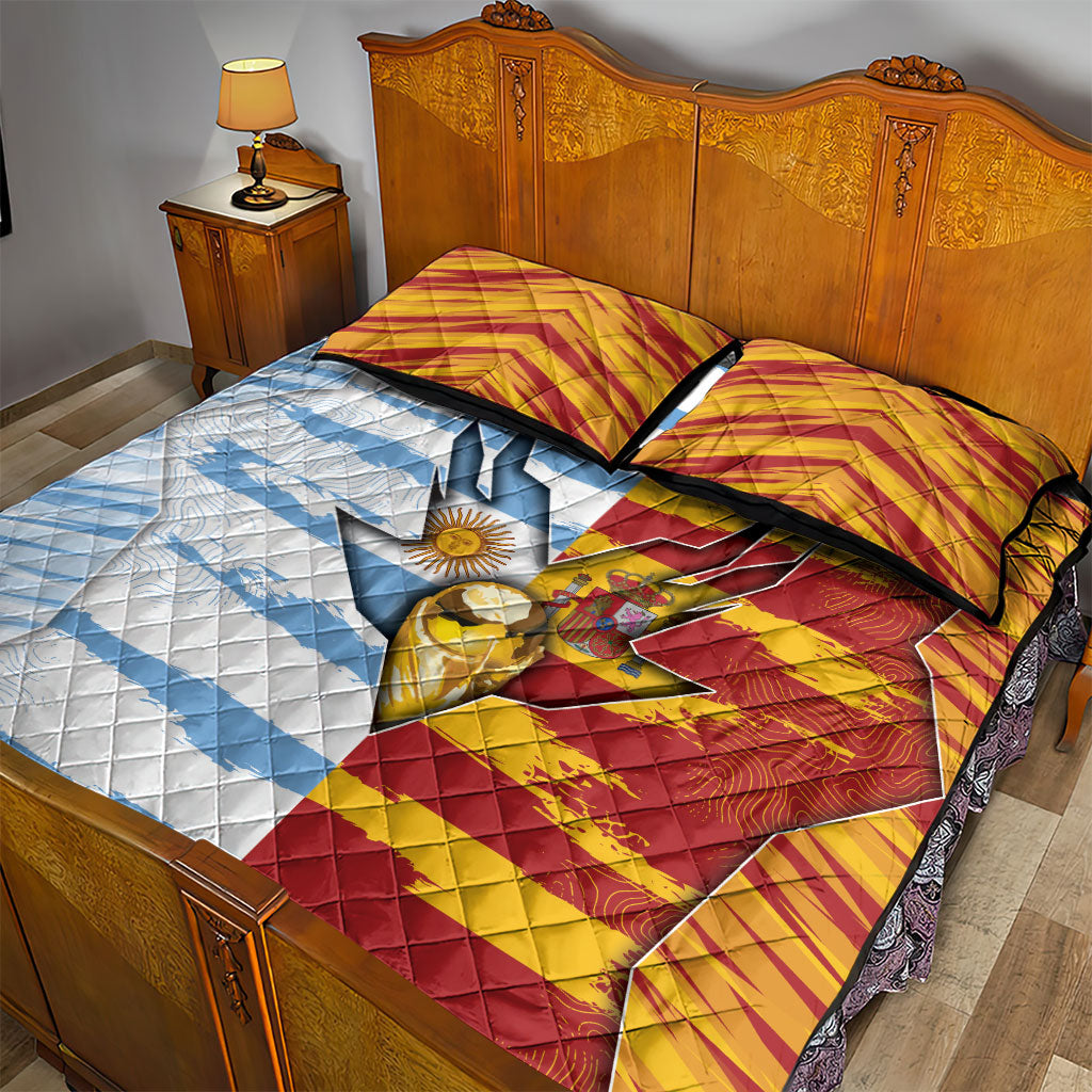 Argentina And Spain Football Quilt Bed Set Split Flag Golden Trophy Grunge