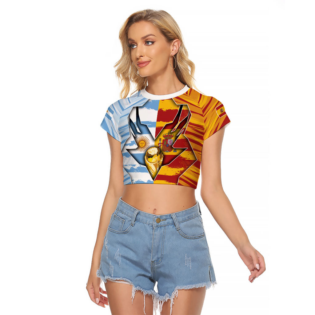 Custom Argentina And Spain Football Raglan Cropped T Shirt Split Flag Golden Trophy Grunge