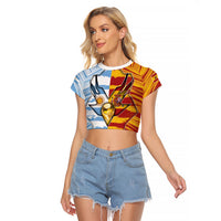 Custom Argentina And Spain Football Raglan Cropped T Shirt Split Flag Golden Trophy Grunge
