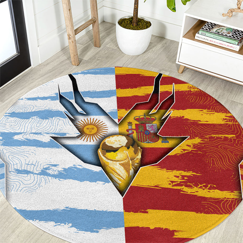 Argentina And Spain Football Round Carpet Split Flag Golden Trophy Grunge