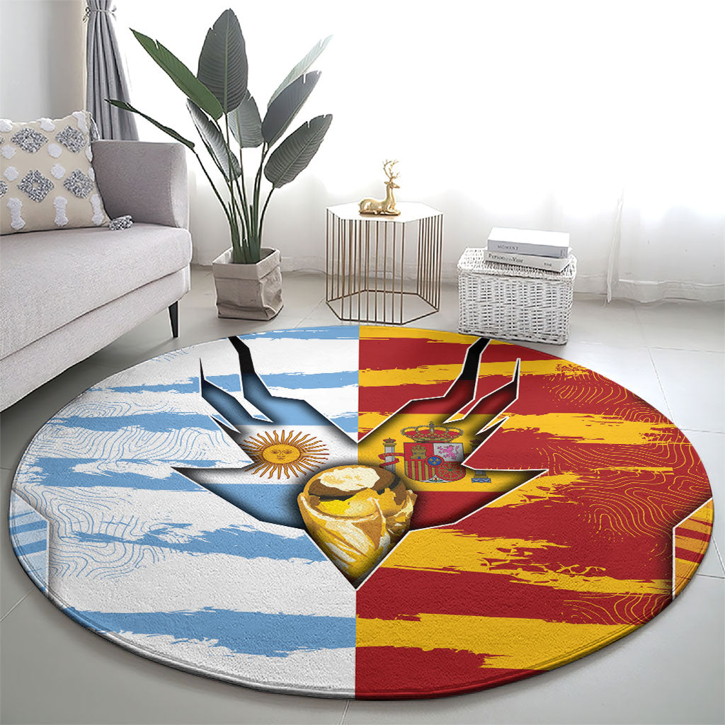 Argentina And Spain Football Round Carpet Split Flag Golden Trophy Grunge