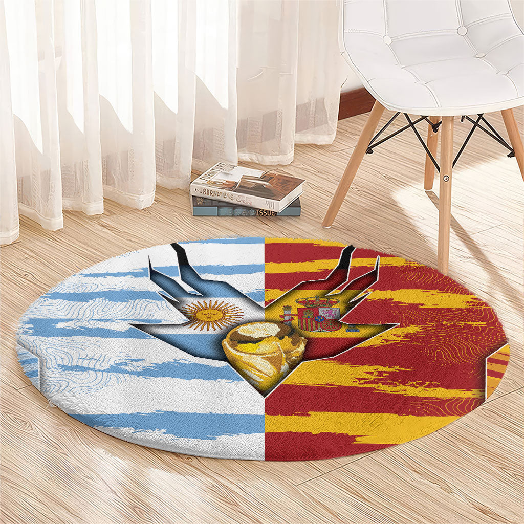 Argentina And Spain Football Round Carpet Split Flag Golden Trophy Grunge