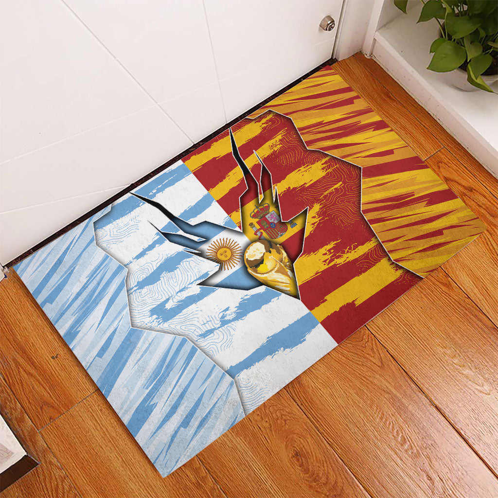 Argentina And Spain Football Rubber Doormat Split Flag Golden Trophy Grunge