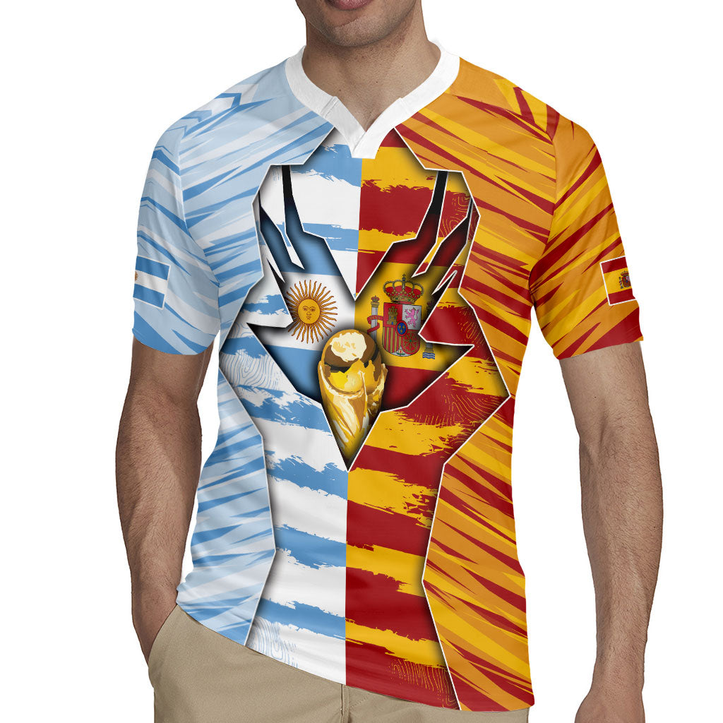 Custom Argentina And Spain Football Rugby Jersey Split Flag Golden Trophy Grunge