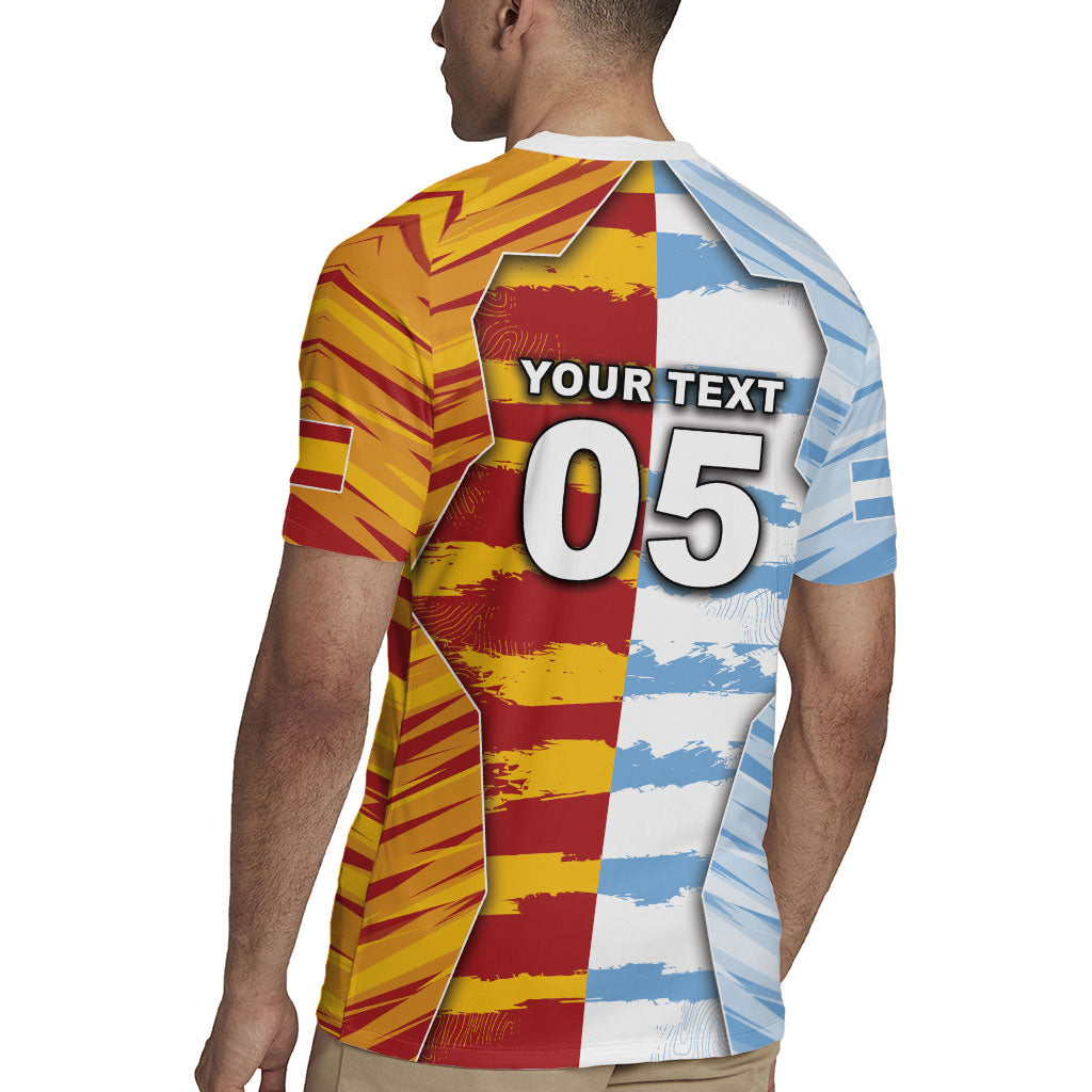 Custom Argentina And Spain Football Rugby Jersey Split Flag Golden Trophy Grunge