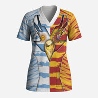 Custom Argentina And Spain Football Scrub Top Split Flag Golden Trophy Grunge