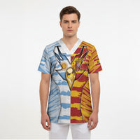 Custom Argentina And Spain Football Scrub Top Split Flag Golden Trophy Grunge