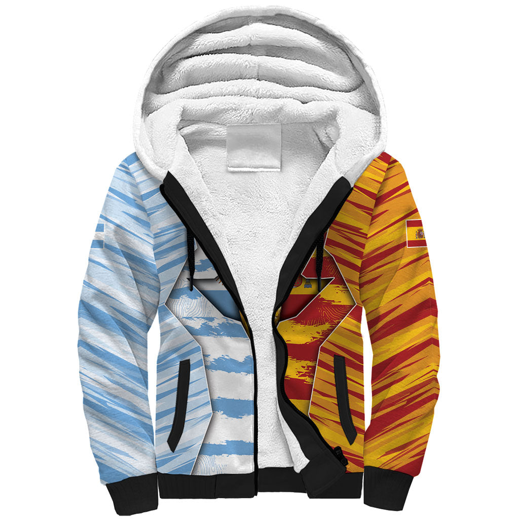 Custom Argentina And Spain Football Sherpa Hoodie Split Flag Golden Trophy Grunge