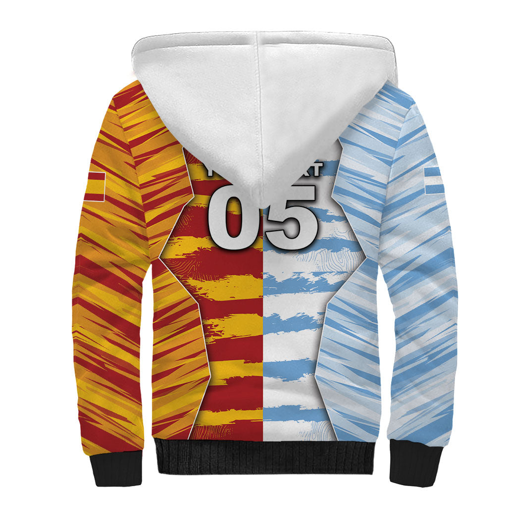 Custom Argentina And Spain Football Sherpa Hoodie Split Flag Golden Trophy Grunge